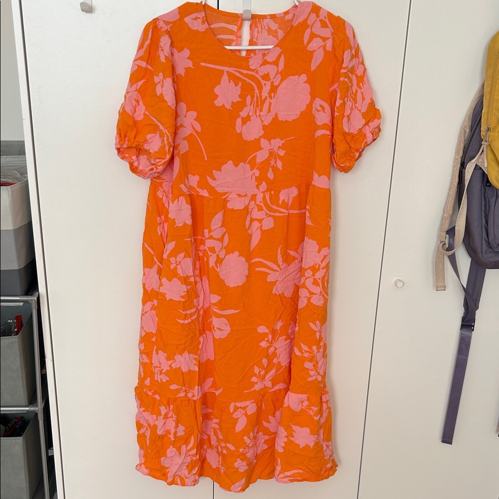 Gorgeous orange and pink floral design long dress—never worn
